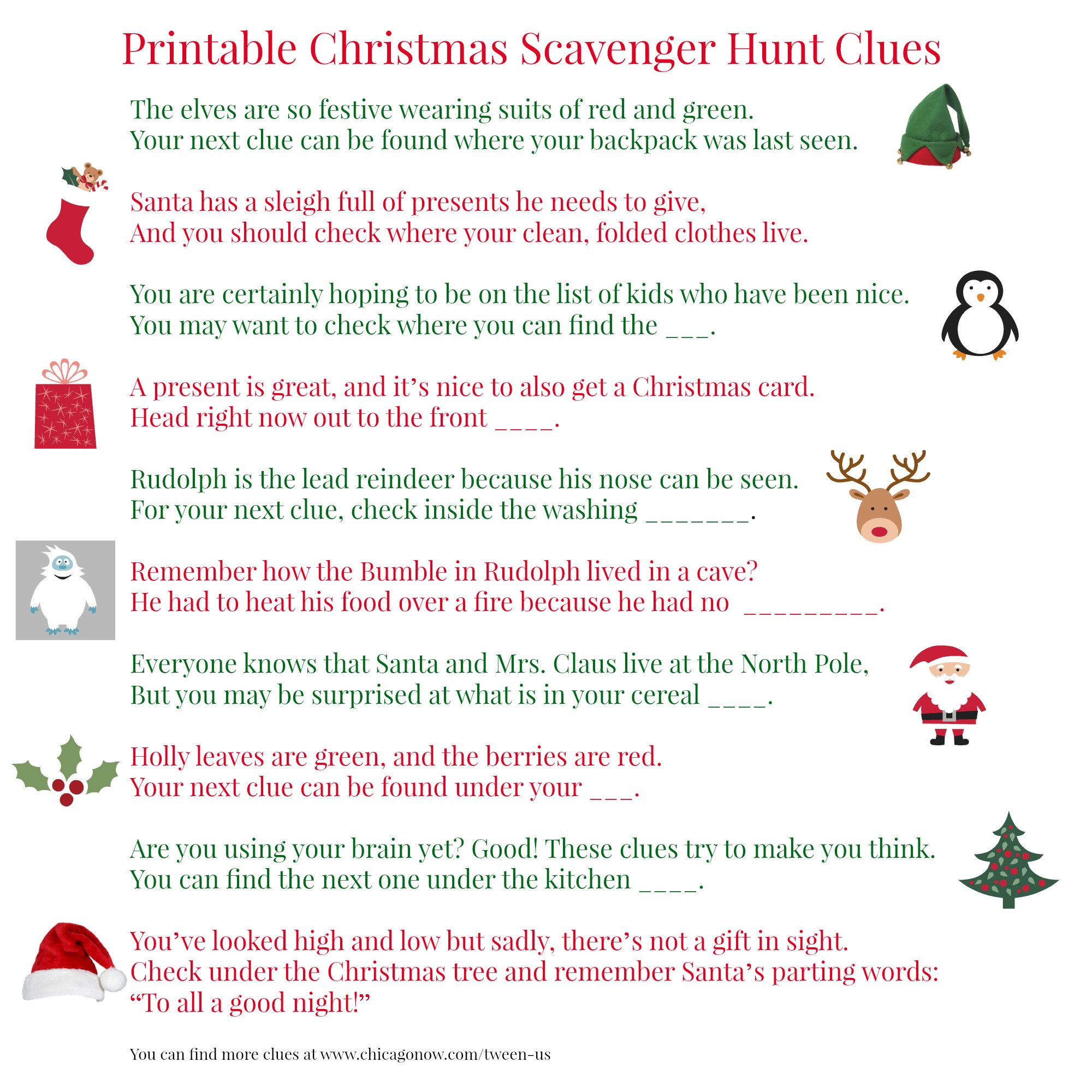 70 printable christmas scavenger hunt clues